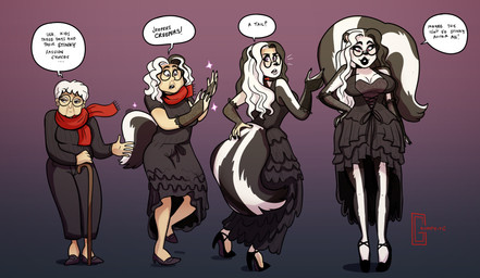 age_regression anthro base_one_layout basic_sequence body_size_growth breasts clothing cocktail_dress dialogue dress elderly eyewear female footwear four_frame_image four_frame_sequence glasses growth hair high_heels human_to_anthro linear_sequence mature_female one_row_layout round_glasses scarf shoes simple_background size_transformation smile solo species_transformation tail tail_growth text transformation transformation_sequence white_hair grumpy-tg human mammal mephitid skunk 2019 absurd_res english_text hi_res sequence