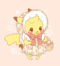 alternative_fashion anthro basket bonnet classic_lolita clothing container dress female food fruit fur headgear headwear j-fashion lolita_(fashion) multicolored_body multicolored_fur peach_(fruit) plant solo standing two_tone_body two_tone_fur samantha_whitten nintendo pokemon generation_1_pokemon pikachu pokemon_(species)