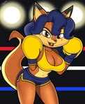 anthro big_breasts blue_hair bottomwear boxing_gloves bra breasts clothed clothing dolphin_shorts female fighting_ring fur hair handwear looking_at_viewer shorts smile solo tail topwear underwear wide_hipped_female toyminator900 sly_cooper_(series) sony_corporation sony_interactive_entertainment sucker_punch_productions carmelita_fox canid canine fox mammal digital_media_(artwork) hi_res