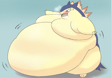 anthro arm_rolls belly belly_jiggle big_belly blush bodily_fluids breath featureless_chest gradient_background huge_belly jiggling morbidly_obese morbidly_obese_anthro obese obese_anthro open_mouth overweight overweight_anthro panting simple_background sweat sweatdrop weight_gain kazutti nintendo pokemon generation_2_pokemon pokemon_(species) typhlosion 2023 digital_drawing_(artwork) digital_media_(artwork)