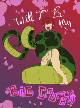 coiling coiling_another coiling_around_body crotch_covered duo feral green_body hair holidays male nude open_mouth red_hair serpentine simple_background size_difference tail text tongue tongue_out tacokurt valentine's_day human mammal reptile scalie snake digital_media_(artwork) english_text hi_res