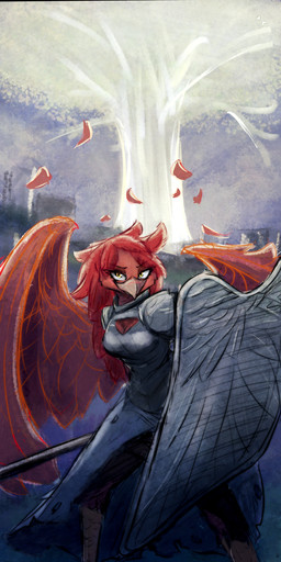 anthro armor avian_feet back_wings backlighting beak breastplate claws cleavage_cutout clothed clothing crossgender cutout dress erdtree feather_hair feathered_wings feathers female fighting_pose hair halberd light melee_weapon night outside plant polearm pose pseudo_hair red_body red_feathers red_hair shield smile solo tree weapon wings yellow_eyes murrdusa elden_ring elden_ring_nightreign fromsoftware guardian_(nightreign) avian hi_res lighting shaded