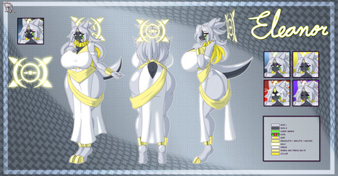 anthro big_breasts bracelet breasts clothing dress female grey_body grey_hair hair halo jewelry multicolored_eyes multicolored_hair neckwear solo text thick_thighs derthevaporeon nintendo pokemon eleanor_(yorkie98) arceus deity generation_4_pokemon legendary_pokemon pokemon_(species) absurd_res english_text hi_res model_sheet