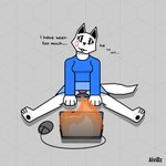 1:1 absurd_res alvidz anthro bottomwear canid canine clothed clothing digital_media_(artwork) english_text female fire fully_clothed geometric_background hi_res looking_at_viewer mammal simple_background skirt smile solo tail text triguk