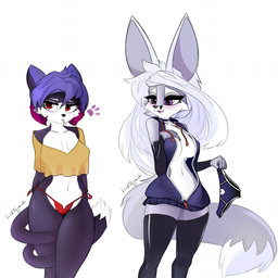 anthro armwear big_breasts blush breasts candy cat_tail clothed clothing dessert duo elbow_gloves female female/female food fox_tail gloves hair handwear legwear lollipop long_hair panties partially_clothed short_hair small_breasts small_waist standing stockings underwear liswolynski milese_(dura) pusi_(blue) canid canine domestic_cat felid feline felis fox mammal 1:1