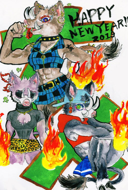 abs alternative_fashion anthro barbell_piercing bottomwear bracelet breasts clothed clothing collar cutout ear_piercing ear_ring eyewear facial_piercing female fire group hat headgear headwear holidays hooves jewelry muscular muscular_female navel navel_piercing necklace nose_piercing piercing ring_piercing skirt smile spiked_collar spikes sweater tattoo text tongue tongue_out topwear trio tusks sibaketsu new_year mammal suid suine sus_(pig) wild_boar 2019 english_text hi_res traditional_media_(artwork)