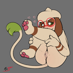 anthro anus blush bodily_fluids eyewear female genital_fluids genitals glasses green_eyes grey_background heart_symbol pawpads paws pink_pawpads presenting presenting_vulva simple_background solo tail tail_tuft tuft vaginal_fluids vulva mr.smile nintendo pokemon mimi_(mr.smile) generation_2_pokemon pokemon_(species) smeargle 1:1 hi_res signature