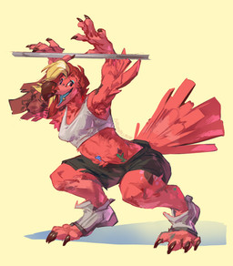 4_toes 5_fingers anthro arm_tattoo beak biped black_bottomwear black_clothing black_shorts blonde_hair blonde_highlights blue_tongue bottomwear breasts claws clothed clothed_anthro clothed_female clothing crouching dipstick_beak eyebrows feathers feet female female_anthro finger_claws fingers footwear fully_clothed fully_clothed_anthro fully_clothed_female furgonomic_bottomwear furgonomic_footwear furgonomics grey_clothing grey_footwear grey_shoes grey_topwear hair highlights_(coloring) long_hair looking_aside midriff multicolored_hair non-mammal_breasts open_beak open_mouth open_smile plantigrade raised_arms red_body red_feathers red_hair shoes shorts simple_background smile solo tail tail_feathers tattoo three-quarter_view toe_claws toeless_footwear toeless_shoes toes tongue topwear two_tone_hair yellow_background babanasaur chai_(ritts) avian bird flamingo absurd_res digital_media_(artwork) full-length_portrait hi_res portrait shaded signature nonbinary_(lore)