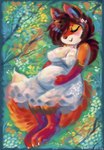 accessory anthro blush breasts clothed clothing dress eyes_closed female flower flower_in_hair gown grass hair hair_accessory love maternal maternity_dress plant ponytail pregnant pregnant_anthro pregnant_female smile solo summer tree warm nihilochannel ferox_(feroxdoon) canid canine fox mammal red_fox true_fox hi_res nonbinary_(lore)