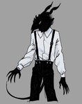 5_fingers anthro black_body black_bottomwear black_clothing black_fur black_pants blue_eyes bottomwear buckle clothed clothing collared_shirt fingers fur grey_background horn long_horn looking_at_viewer male one_eye_obstructed pants shirt simple_background solo standing suspenders tail thin_tail topwear white_clothing white_shirt white_topwear kewpiekills the_girl_from_the_other_side:_siuil_a_run teacher_(tgftos) monster digital_media_(artwork) hi_res