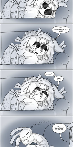 blush clothed clothing covering covering_face duo embarrassed eyes_closed female fool's_hat furniture hat headgear headwear humor male pajamas sleep_talking sleeping sleepwear smile sofa speech_bubble text waking_up absolutedream glitch_productions the_amazing_digital_circus jax_(tadc) pomni human lagomorph leporid mammal rabbit absurd_res comic english_text hi_res long_image tall_image
