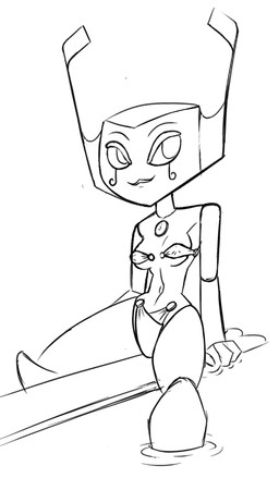 bikini breasts clothed clothing female lips looking_at_viewer machine not_furry partially_submerged simple_background skimpy solo straddling swimwear two-piece_swimsuit water white_background velenor my_life_as_a_teenage_robot nickelodeon vega_(my_life_as_a_teenage_robot) android robot black_and_white monochrome