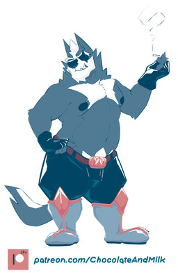 anthro black_bottomwear black_clothing black_gloves black_handwear black_nipples black_nose black_pants boots bottomwear chin_tuft cigarette clothed clothing eye_patch eyewear facial_tuft footwear front_view fur gloves grey_body grey_boots grey_clothing grey_ears grey_footwear grey_fur grey_tail grin hair hand_on_hip handwear holding_cigarette holding_object male male_anthro navel neck_tuft nipples overweight overweight_anthro overweight_male pants pubes shoes short_hair simple_background smile smoke solo standing tail text topless tuft white_background white_hair white_pubes white_tail chocolateandmilk nintendo star_fox wolf_o'donnell canid canine canis mammal wolf full-length_portrait hi_res portrait url