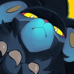 :< ambiguous_feral ambiguous_gender black_body black_fur blue_body blue_ears blue_fur claws close-up fangs feral fluffy front_view fur glowing glowing_eyes grey_claws head_tuft kemono looking_at_viewer low-angle_view multicolored_body multicolored_fur neck_tuft pink_nose pupils red_sclera simple_background snaggle_tooth solo stare teeth toe_claws tuft two_tone_body two_tone_fur white_pupils yellow_background yellow_eyes yellow_inner_ear powerandy nintendo pokemon felid feline generation_4_pokemon luxray mammal pokemon_(species) 1:1 2025 colored digital_media_(artwork) digital_painting_(artwork) headshot_portrait painting_(artwork) portrait shaded