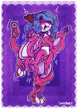 3_toes anthro antlers blue_hair blush braces clothed clothing eyewear feet female floppy_ears glasses hair horn laugh lop_ears pattern_background paws purple_background purple_body removed_glasses restrained simple_background slime solo tentacles text tickle_fetish tickling toes under_clothes underwear underwear_only candypawz goo_creature jackalope lagomorph mammal absurd_res english_text hi_res