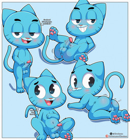 anthro anus balls blue_background blue_balls blue_body blue_eyes blue_fur blush blush_lines border butt erection fur genitals glans heart_symbol humanoid_genitalia humanoid_penis male male_anthro multiple_poses nude outside_border pawpads penis pose shota simple_background solo talking_to_viewer text young young_anthro young_male cloudeon cartoon_network the_amazing_world_of_gumball gumball_watterson domestic_cat felid feline felis mammal absurd_res english_text hi_res huge_filesize