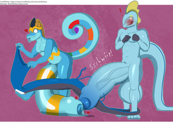 abs anthro balls big_balls big_penis blue_balls blue_body blue_penis blue_scales blue_tail blush bodily_fluids clothing clothing_pull duo embarrassed feathered_crest feathers foreskin genital_fluids genitals head_crest heart_symbol huge_balls huge_penis hyper hyper_balls hyper_genitalia hyper_penis male multicolored_body multicolored_penis multicolored_tail penis precum scales simple_background tail text torn_clothing touching_tips two_tone_body two_tone_penis vein seriftarkus nintendo pokemon chameleon generation_8_pokemon inteleon lizard pokemon_(species) reptile scalie 4:3 hi_res url