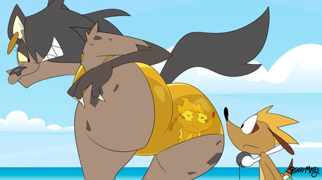 anthro bikini black_hair blue_sky brown_body brown_fur butt clothing duo electronics female fur hair headphones male outside rear_view sky swimwear two-piece_swimsuit potateymatey leena_(potateymatey) marley_(potateymatey) herpestid hyena mammal meerkat 2026 hi_res