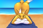 anthro ass_up beach clothing ear_piercing female flesh_tunnel fur gauged_ear lifeguard looking_at_viewer notched_ear piercing seaside solo swimwear yellow_body yellow_eyes yellow_fur mike_santos bandai_namco digimon canid canine digimon_(species) mammal renamon 3:2 hi_res