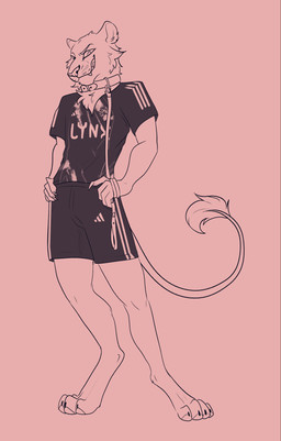 anthro ball bottomwear claws clothing collar jersey leash male pants paws shirt simple_background soccer solo sport standing teeth topwear fuennsart capitoline_ranch tab_(thathornycat) felid feline mammal absurd_res hi_res sketch