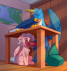 accessory age_difference backpack beak blue_body blue_feathers blue_fur blue_tail book bow_ribbon chair chest_tuft duo eyebrows feathered_wings feathers female feral feral_on_feral freckles fur furniture genitals hair_accessory hair_bow hair_ribbon humanoid_genitalia humanoid_penis inside interspecies licking male male/female multicolored_body multicolored_fur older_male open_mouth oral penile penis penis_lick pink_body pink_feathers pink_fur red_eyes ribbons sex sideways_oral sitting table tail tan_body tan_fur tongue tongue_out tuft two_tone_body two_tone_fur wings yellow_beak young young_feral younger_female kittytitikitty friendship_is_magic hasbro my_little_pony mythology cozy_glow_(mlp) gallus_(mlp) avian equid equine gryphon mammal mythological_avian mythological_creature mythological_equine pegasus digital_media_(artwork) hi_res