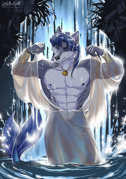 5_fingers abs anthro black_nose blue_hair clothed clothing fingers fur grey_body grey_fur hair humanoid_hands male multicolored_body multicolored_fur nipples robe smile solo split_form translucent translucent_clothing translucent_robe two_tone_body two_tone_fur water waterfall wet wet_body wet_clothing wet_fur wet_hair wet_robe white_body white_fur biggoodwolf maku_(masterofwolves99) aquatic canid canine canis mammal merfolk wolf hi_res