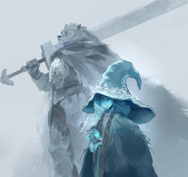 anthro armor cape clothing cracked_skin doll duo female hat headgear headwear looking_at_viewer male melee_weapon multi_arm multi_limb scar standing sword weapon droplixle elden_ring fromsoftware blaidd_(elden_ring) ranni_the_witch animate_inanimate canid canine canis humanoid living_doll mammal wolf absurd_res hi_res