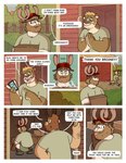 anthro antlers beard blep box building clothed clothing comic container deer dialogue english_text facial_hair forest group hat headgear headwear hi_res horn male mammal moose mustelid nardodraws new_world_deer one_eye_closed otter plant rodney_(nardodraws) speech_bubble tail text tom_(nardodraws) tongue tongue_out tree trio wink