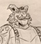 anthro bovid_horn caprine_horn clothing facial_hair facial_piercing frill_(anatomy) furgonomics furry-specific_piercing goat_horn horn horn_piercing looking_at_viewer male membrane_(anatomy) membranous_frill mustache nose_piercing nose_ring one_eye_closed piercing ring_piercing smile solo tattoo wink polartoons activision mythology spyro_reignited_trilogy spyro_the_dragon gavin_(spyro) rescued_dragons_(spyro) dragon mythological_creature mythological_scalie scalie hi_res traditional_media_(artwork)