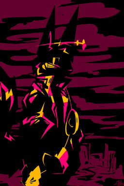 ambiguous_gender anthro bandolier big_tail cheek_tuft city city_background clothing cloud facial_tuft fluffy fluffy_tail hair halo hands_in_both_pockets inner_ear_fluff jacket long_ears looking_at_viewer markings mask sad silhouette solo standing tail topwear tuft conditional_dnp lodi_(artist) lodi_(character) demon 2:3 absurd_res hi_res restricted_palette