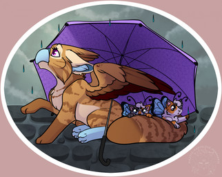 ambiguous_gender beak feathered_wings feathers feet female feral fur group looking_at_viewer open_mouth outside raining simple_background tail toony umbrella wings chaoticmazzy mythology mazzy_techna arthropod avian bird butterfly domestic_cat felid feline felis gryphon hybrid insect lepidopteran mammal mythological_avian mythological_creature absurd_res digital_media_(artwork) hi_res