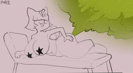anthro bangs belly big_breasts big_butt bob_cut breasts butt clothed clothing fart fart_cloud fart_fetish featureless_feet feet female furniture green_fart_cloud grey_background hair hair_over_eyes hand_on_butt hand_on_own_butt lounging lying lying_on_sofa navel on_side on_sofa open_mouth open_smile panties pasties simple_background smile sofa solo star_pasties tail thick_thighs underwear uraeus bawko animal_crossing nintendo ankha_(animal_crossing) domestic_cat felid feline felis mammal 2022 digital_drawing_(artwork) digital_media_(artwork) greyscale hi_res monochrome signature sketch spot_color