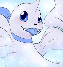 ambiguous_gender blue_background blue_bow blue_eyes blue_tongue blush feral fin grey_body horn looking_at_viewer simple_background snaggle_teeth solo tail tail_fin text tongue tongue_out rainypaws nintendo pokemon endivie_(rainypaws) dewgong generation_1_pokemon pokemon_(species) artist_name hi_res female_(lore)