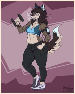 anthro blush bodily_fluids border bra breasts cellphone clothed clothing dumbbell electronics exercise female orange_border phone solo sports_bra sweat underwear weightlifting weights workout mainlinemojo canid canine mammal 2020 4:5 hi_res