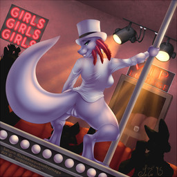 anthro bottomless breasts clothed clothing crouching dancing dutch_angle external_gills female genitals gills group hat headgear headwear inside lights neon_lights non-mammal_breasts pole shadow shirt side_boob sign silhouette solo_focus stage strip_club stripper topwear undressing vulva jackalope_(artist) amphibian aquatic axolotl mole_salamander salamander scalie 1:1 2015 digital_media_(artwork)