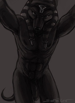 anthro clothing dark egyptian flaccid genitals glare grey_background hat headdress headgear headwear looming male nude penis simple_background solo tail conditional_dnp sefeiren egyptian_mythology middle_eastern_mythology mythology anubis anubian_jackal canid canine canis deity jackal mammal