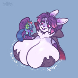 anthro balls big_balls big_breasts big_penis biped blue_body blue_fur blush bottomless breasts cape clothed clothing duo erection extreme_size_difference female female_anthro fur genitals green_clothing green_shirt green_topwear gynomorph hair holding_character huge_balls huge_breasts huge_penis intersex looking_down penis purple_hair red_eyes red_hair shirt simple_background size_difference smile surprised tail topwear keffotin ellie_(keffotin) soleil_(keffotin) lagomorph leporid mammal procyonid rabbit raccoon 2022 digital_media_(artwork) trans_(lore) trans_woman_(lore)