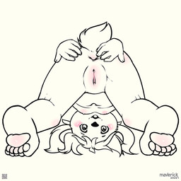 anthro anus areola biped blush butt clitoris female flat_chested genitals humanoid_genitalia humanoid_vulva looking_at_viewer looking_back looking_back_at_viewer looking_through looking_through_legs looking_through_legs_at_viewer navel nipples nude open_mouth open_smile pawpads pigtails plantigrade qr_code rear_view scut_tail short_tail simple_background smile solo spread_butt spreading tail vulva white_background young young_anthro young_female maverick cocoa_(maverick) bear mammal 1:1 2026 monochrome
