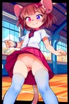 accessory anthro biped blush bottomwear bow_ribbon brown_hair buckteeth butt butt_from_the_front clothed clothing detailed_background ear_piercing eyelashes female flat_chested hair hair_accessory hair_bow hair_ribbon heterochromia legwear loli no_underwear piercing purple_eyes ribbons skirt solo standing teeth thick_thighs thigh_highs vulva window young sicmop mammal mouse murid murine rodent 2:3 absurd_res hi_res