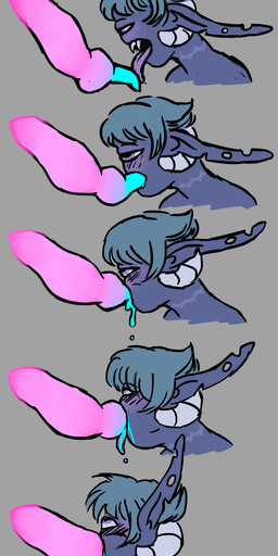 ambiguous_gender basic_sequence blush bodily_fluids deep_throat fellatio five_frame_image five_frame_sequence genital_fluids genitals group horn licking linear_sequence long_ears male male/ambiguous multi_frame_sequence oral oral_penetration penetration penile penis pink_body pink_skin purple_body purple_skin scar sex simple_background tongue tongue_out vivisexxion diame_dove reid_(vivisexxion) alien cyclops horned_humanoid humanoid hi_res sequence