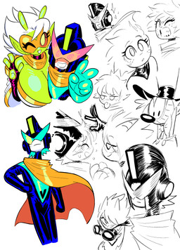 antennae_(anatomy) anthro armor armwear big_breasts bow_tie breasts cleavage clothed clothing elbow_gloves eyewear female fingerless_gloves fingers gloves green_body green_skin grin hair handwear hat headgear headwear helmet horn huge_breasts humanoid_pointy_ears male not_furry pointy_ears smile spiral spiral_eyes teeth tongue tongue_out top_hat white_hair theguywhodrawsalot penny_(theguywhodrawsalot) sara_(theguywhodrawsalot) valerie_(theguywhodrawsalot) alien alien_humanoid horned_humanoid human humanoid mammal absurd_res hi_res
