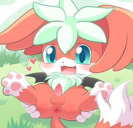 3_fingers 4_toes animal_genitalia animal_penis anus balls bat_wings blue_eyes blush butt chibi cute_fangs erection fangs feet feral fingers fur genitals green_body green_fur heart_symbol hindpaw looking_pleasured lying male membrane_(anatomy) membranous_wings multicolored_body multicolored_fur nude on_back open_mouth orange_body orange_fur outside pawpads paws penis pink_pawpads pink_penis pink_tongue presenting presenting_hindquarters solo spread_anus spread_butt spread_legs spreading tapering_penis teeth toes tongue white_body white_fur wings young young_feral young_male driosawm gem_gem_monster mammal unknown_species hi_res