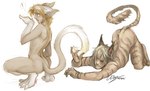 anthro blonde_hair crouching dialogue duo exclamation_point felid fur hair holly_marie_ogburn male male/male mammal nude pictographics simple_background tail text