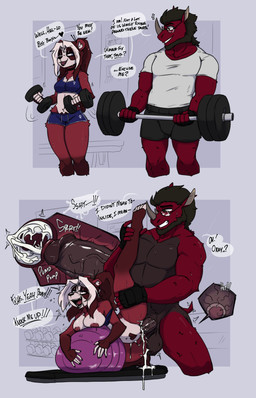 anthro anthro_on_anthro anthro_penetrated anthro_penetrating anthro_penetrating_anthro athletic_wear ball barbell beard black_beard black_facial_hair black_hair bodily_fluids bottomwear bra breasts clenched_teeth clothing cum cum_in_vagina cum_inside cumshot dialogue dumbbell duo ejaculation exercise_ball explicitly_stated_consent eye_roll eyewear facial_hair facial_horn female female_penetrated fingerless_gloves flirting fur genital_fluids glasses gloves gym_bottomwear gym_shorts hair half-closed_eyes handwear horn hotpants impregnation leg_glider_position male male/female male_penetrating male_penetrating_female muscular muscular_anthro muscular_male narrowed_eyes nose_horn ovum penetration raised_leg red_body red_fur seductive sex shorts smile sperm_cell sports_bra teeth text underwear wearing_glasses weights hijackerdraws lin_(hijackerdraws) bear giant_panda mammal prehistoric_species rhinoceros woolly_rhinoceros absurd_res english_text hi_res