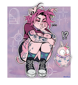 angelbite_piercing anthro arm_tattoo athletic_wear bottomwear bridge_piercing chibi clothing collar crop_top ear_piercing ear_tuft facial_piercing female footwear gauged_ear gym_bottomwear gym_shorts hair half-closed_eyes leg_tattoo lip_piercing marijuana_blunt narrowed_eyes nose_piercing nose_ring piercing pink_body pink_hair pink_sclera pink_skin ring_piercing shirt shoes shorts sneakers solo stud_piercing tattoo thigh_tattoo topwear tuft sparkibarki puppi_(sparkibarki) domestic_pig mammal suid suine sus_(pig) hi_res nonbinary_(lore)