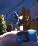 ambiguous_gender anthro bed bedding blanket blue_body christmas_tree duo eyes_closed fur furniture gift holding_object holidays looking_at_another on_bed on_pillow pillow plant pokeball red_eyes sleeping spikes spikes_(anatomy) tree yellow_body yellow_fur niku1441 christmas nintendo pokemon canid canine generation_4_pokemon lucario mammal pokemon_(species) riolu 2024 hi_res