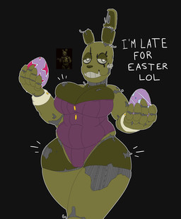 anthro big_breasts black_background breasts camel_toe cleavage cleavage_overflow clothed clothing crossgender cuffs_(clothing) easter_egg eyelashes female front_view fur green_body green_fur green_nose holding_easter_egg holidays leotard looking_at_viewer machine navel_outline purple_clothing purple_leotard simple_background slightly_chubby smile solo text thick_thighs white_eyes wide_hips unfunnybill easter five_nights_at_freddy's five_nights_at_freddy's_3 scottgames springtrap_(fnaf) animatronic lagomorph leporid mammal rabbit robot absurd_res english_text hi_res
