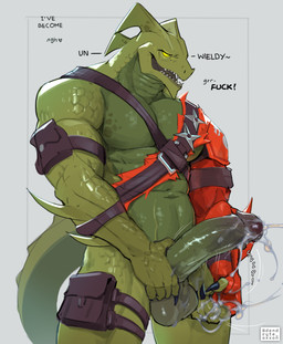 abs anthro arm_pouch balls belt belt_pouch big_penis bodily_fluids bottomless bottomless_anthro bottomless_male claws clothed clothing cum cum_drip cum_on_hand cum_strand cumshot dialogue dripping ejaculation empty_eyes erection genital_fluids genitals glowing glowing_eyes gradient_penis green_balls green_body green_penis green_scales humanoid_genitalia humanoid_penis leather male muscular muscular_anthro muscular_male open_mouth orgasm pecs penis profanity ranged_weapon scales sharp_teeth shuriken solo teeth text thick_thighs torn_clothing weapon yellow_eyes dendryte_axxon epic_games fortnite mythology hybrid_(fortnite) dragon mythological_creature mythological_scalie scalie wingless_dragon 2025 absurd_res english_text hi_res