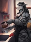 anthro apron apron_only beverage big_breasts big_butt breasts butt clothed clothing coffee coffee_cup container cup dreadlocks erection genitals hair kitchen looking_at_viewer male male/male morning nude penis smile solo tail teeth szoch gonzalo_(gonsha) fish marine shark absurd_res hi_res