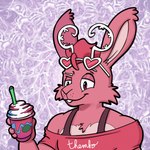 anthro antlers buckteeth clothing eyewear eyewear_on_head fur glasses glasses_on_head horn pink_body pink_fur rabbit_ears red_eyes shirt teeth topwear wearing_glasses trevor-fox pngtuber jackalope lagomorph leporid mammal rabbit animated